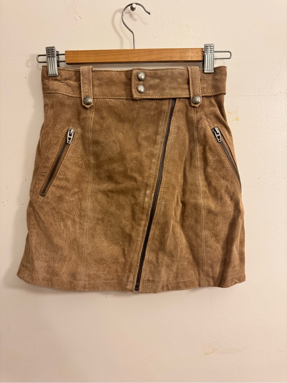 Blank NYC Tan Suede Mini Skirt with Asymmetrical Zip